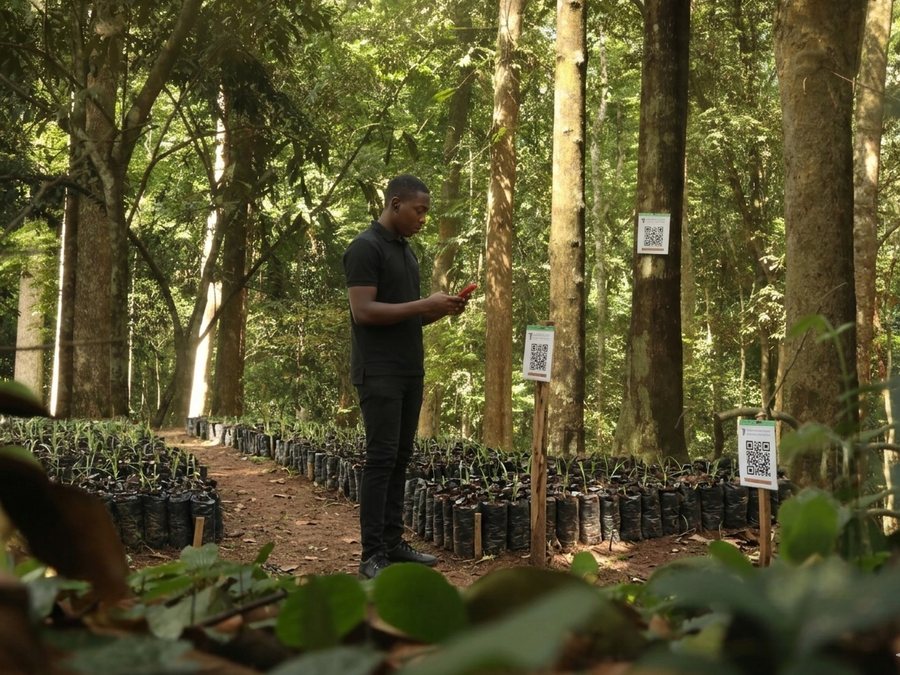 Rangées de plants en pot étiquetés par QR code dans une pépinière sous couvert forestier