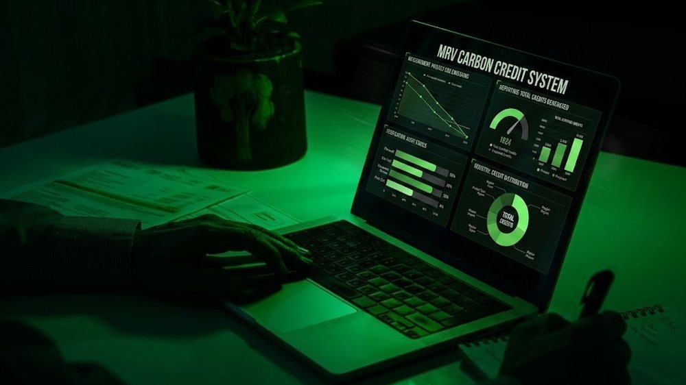 MRV carbon credit dashboard on a laptop screen