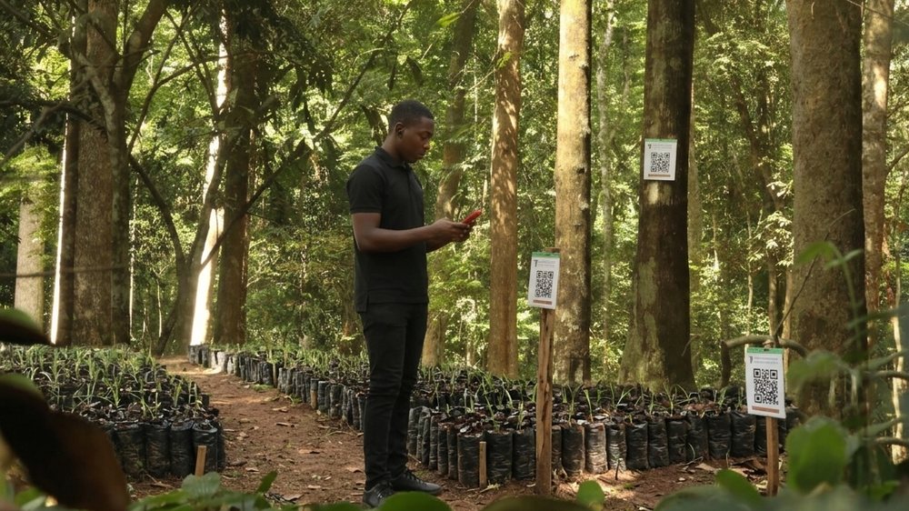 Field officer scanning QR-tagged plots in an EWOOD nursery
