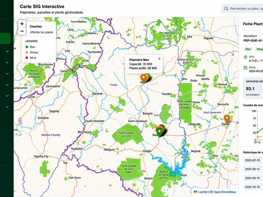 Interface SIG d’EWOOD PGM montrant les parcelles et pépinières géolocalisées