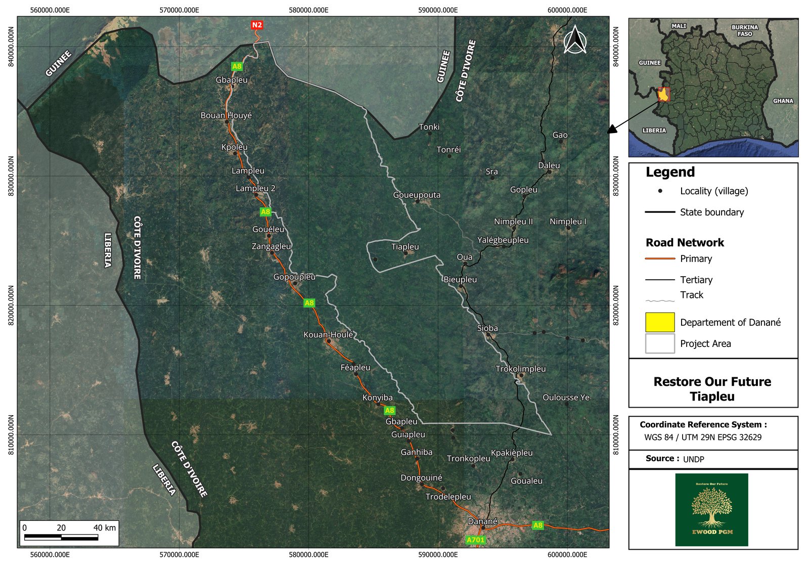 Location map of the Tiapleu project area in the Department of Danan&eacute;, western C&ocirc;te d&rsquo;Ivoire, near the Guinea and Liberia borders